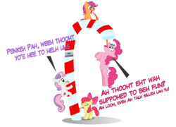 Size: 12252x8833 | Tagged: safe, artist:ace play, apple bloom, pinkie pie, scootaloo, sweetie belle, earth pony, pony, g4, absurd resolution, candy, candy cane, christmas, cutie mark crusaders, dialogue, food, holiday, silly, silly pony, simple background, tongue stuck to pole, tongue stuck to something frozen, transparent background, vector