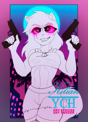 Size: 909x1253 | Tagged: safe, artist:dolorosacake, oc, oc only, human, anthro, abs, auction, beretta 92fs, clothes, commission, commissions open, dog tags, dual pistols, glowing eyes, grin, gun, handgun, humanized, midriff, palm tree, pistol, shorts, smiling, solo, tree, weapon, ych example, your character here