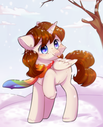 Size: 1981x2427 | Tagged: safe, artist:pledus, oc, oc only, oc:faerie, alicorn, pony, :p, alicorn oc, chest freckles, clothes, digital art, ear piercing, eye clipping through hair, female, folded wings, freckles, high res, mare, piercing, raised hoof, scarf, signature, silly, smiling, snow, solo, tongue out, tree, wings, winter, ych result