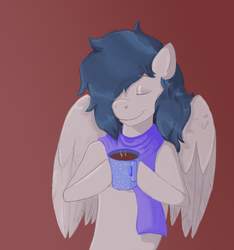 Size: 1500x1600 | Tagged: safe, artist:shanyata, oc, oc only, pegasus, pony, chocolate, clothes, digital art, eyes closed, food, gradient background, happy, hot chocolate, male, scarf, signature, smiling, solo, stallion, ych result