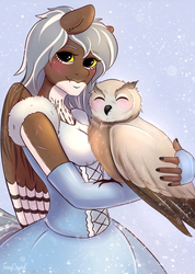 Size: 1063x1495 | Tagged: safe, artist:furrycrystal, oc, oc only, oc:nocturnal flight, bird, owl, pegasus, anthro, anthro oc, clothes, digital art, dress, ear fluff, eyes closed, female, fingerless gloves, folded wings, gloves, looking at you, mare, signature, smiling, snow, solo, wings, winter, ych result
