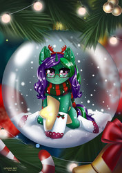 Size: 707x1000 | Tagged: safe, artist:lifejoyart, oc, oc only, oc:buggy code, pony, unicorn, blushing, bow, candy, candy cane, christmas, christmas lights, christmas tree, clothes, commission, crystal ball, cute, digital art, ear fluff, female, floppy ears, food, glasses, holiday, looking at you, mare, scarf, signature, sitting, smiling, snow, snow globe, snowfall, socks, solo, stars, tree, ych result