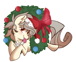 Size: 1600x1300 | Tagged: safe, artist:dangopanda667, oc, oc only, oc:osha, earth pony, pony, :p, :t, bow, christmas, christmas ornament, christmas wreath, cute, decoration, digital art, ear fluff, ear piercing, female, hat, holiday, looking at you, mare, ocbetes, piercing, prone, santa hat, signature, silly, simple background, smiling, solo, tongue out, white background, wreath, ych result