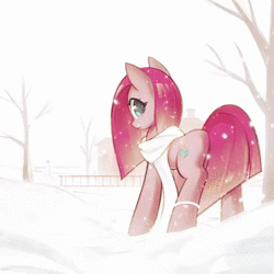 Size: 720x720 | Tagged: safe, artist:mirroredsea, pinkie pie, earth pony, pony, g4, animated, balloonbutt, butt, clothes, female, looking at you, looking back, looking back at you, mare, music, pinkamena diane pie, plot, rock farm, scarf, silent hill, snow, snowman, solo, sound, webm, wind