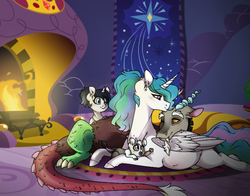 Size: 720x565 | Tagged: safe, artist:misshoneybunn, discord, princess celestia, oc, oc:airick, oc:alana, alicorn, draconequus, hybrid, pony, g4, alternate hairstyle, celestia's bedroom, child, draconequus hybrid, family, female, fireplace, interspecies offspring, male, mare, missing accessory, offspring, parent:discord, parent:princess celestia, parents:dislestia, ponytail, preglestia, pregnant, prone, ship:dislestia, shipping, story included, straight