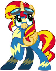 Size: 794x1005 | Tagged: safe, artist:ramseybrony17, sunset shimmer, alicorn, pony, g4, alicornified, clothes, female, goggles, mare, race swap, raised hoof, shimmercorn, simple background, solo, transparent background, uniform, vector, wonderbolts, wonderbolts uniform