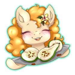 Size: 688x688 | Tagged: safe, artist:tokokami, pear butter, earth pony, pony, g4, blushing, cute, eyes closed, female, food, mare, pear, pearabetes, simple background, smiling, solo, transparent background