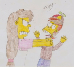 Size: 1068x978 | Tagged: safe, artist:cafakero, button mash, oc, oc:cream heart, human, g4, abuse, barely pony related, female, humanized, male, mother and child, mother and son, the simpsons, traditional art, why you little