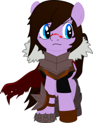 Size: 719x951 | Tagged: safe, artist:puppyeyedlover, earth pony, pony, armor, cape, clothes, crossover, dragon age, dragon age 2, female, hawke, mare, ponified, simple background, solo, transparent background