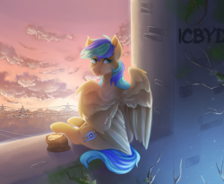 Size: 1464x1200 | Tagged: artist needed, safe, oc, oc only, oc:naarkerotics, pegasus, pony, cloud, graffiti, looking at you, looking back, looking back at you, sitting, sky, solo, sunset, ych result