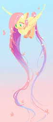 Size: 558x1272 | Tagged: safe, artist:dreamsugar, fluttershy, butterfly, pegasus, pony, g4, amazed, covering mouth, cute, female, flower, flower in hair, flower in tail, gradient background, long mane, looking at something, mare, shyabetes, solo, spread wings, three quarter view, wings