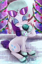 Size: 3360x5120 | Tagged: safe, artist:darksly, rarity, pony, unicorn, best gift ever, g4, blushing, christmas ornament, cute, decoration, eyes closed, female, fur, hat, hoof shoes, mare, raised hoof, russian hat, sitting, smiling, snow, sunglasses, tinsel, ushanka, winter outfit
