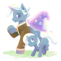 Size: 2200x2200 | Tagged: safe, artist:kon, jack pot, trixie, pony, unicorn, g4, clothes, cute, father and daughter, female, filly, glowing horn, hat, high res, horn, magic, male, mare, stallion, telekinesis, trixie's hat, younger