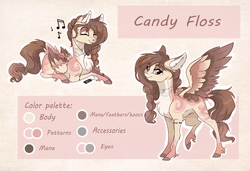 Size: 3449x2361 | Tagged: safe, artist:marbola, oc, oc only, oc:candy floss (marbola), pegasus, pony, chest fluff, earbuds, female, headphones, high res, mare, pale belly, pattern, reference sheet, solo, spread wings, teenager, wings