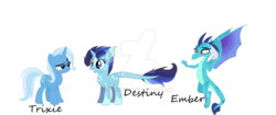 Size: 1280x538 | Tagged: safe, artist:vixenfin, princess ember, trixie, oc, oc:destiny, dracony, dragon, hybrid, pony, unicorn, g4, crack shipping, deviantart watermark, family, female, interspecies, lesbian, mare, mother and daughter, obtrusive watermark, parent:princess ember, parent:trixie, parents:trember, shipping, simple background, transparent background, trember, watermark