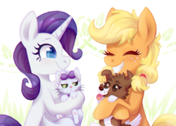 Size: 1000x716 | Tagged: safe, artist:jumblehorse, artist:pink-pone, applejack, opalescence, rarity, winona, cat, dog, pony, g4, abstract background, collaboration, colored pupils, cute, duo, happy, jackabetes, opalbetes, raribetes, winonabetes