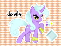 Size: 1024x768 | Tagged: safe, artist:yourinternetmom, oc, oc only, oc:jewls, pony, unicorn, bedroom eyes, bracelet, curved horn, female, horn, jewelry, mare, raised hoof, rarity pose, reference sheet, solo, wristband