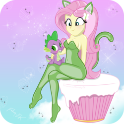 Size: 7680x7680 | Tagged: safe, artist:efk-san, fluttershy, spike, dragon, equestria girls, g4, absurd resolution, adorasexy, animal costume, bare shoulders, blushing, breasts, cat costume, cat ears, catsuit, clothes, collar, commission, costume, crossed legs, cupcake, cute, female, food, lip bite, male, pet tag, sexy, ship:flutterspike, shipping, show accurate, shyabetes, sitting, skintight clothes, sleeveless, smiling, solo, spikabetes, story included, straight, strapless, tight clothing, unitard