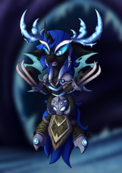 Size: 900x1273 | Tagged: safe, artist:calena, oc, oc only, oc:blue visions, changeling, abstract background, armor, changeling oc, claws, commission, crossover, horn, horns, looking at you, malfurion, malfurion stormrage, malfurion the pestilent, solo, warcraft, wings, world of warcraft