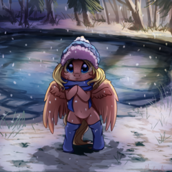 Size: 2500x2500 | Tagged: safe, artist:miokomata, oc, oc only, oc:mioz, pegasus, pony, bipedal, clothes, cute, female, freckles, hat, high res, mare, ocbetes, outdoors, pond, scarf, snow, snowfall, socks, solo