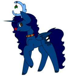 Size: 1924x2055 | Tagged: safe, artist:calibykitty, oc, oc only, oc:midnight, oc:midnight specter, alicorn, pony, alicorn oc, antlers, collar, female, glowing nose, holly, jingle bells, mare, red nose, reindeer antlers, side view, simple background, smiling, solo