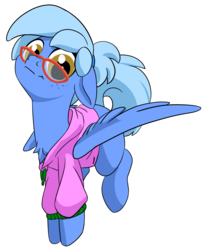 Size: 1368x1620 | Tagged: dead source, safe, artist:lockhe4rt, oc, oc only, oc:ivory drop, pegasus, pony, clothes, female, floppy ears, freckles, glasses, hoodie, mare, solo