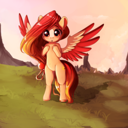 Size: 3200x3200 | Tagged: safe, artist:miokomata, oc, oc only, oc:summer peach, pegasus, pony, bipedal, female, high res, mare, solo, spread wings, wings