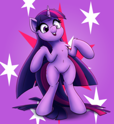 Size: 1148x1248 | Tagged: safe, artist:ikarooz, twilight sparkle, pony, g4, belly button, bipedal, chest fluff, cute, cutie mark background, female, leg fluff, mare, open mouth, solo, twiabetes