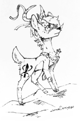 Size: 1328x1999 | Tagged: safe, artist:lonerdemiurge_nail, oc, oc only, oc:taped blade, deer, fordeer, original species, anatomically incorrect, antlers, deer oc, freckles, monochrome, non-pony oc, ribbon, scar, sketch, solo, sword, weapon