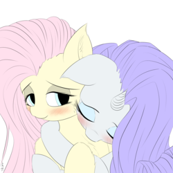 Size: 4000x4000 | Tagged: safe, artist:maneingreen, fluttershy, rarity, pegasus, pony, unicorn, g4, blushing, chest fluff, female, hug, lesbian, ship:flarity, shipping