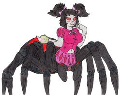 Size: 3097x2434 | Tagged: safe, artist:deathless-master, oc, oc only, oc:charlotte silk, drider, monster pony, original species, spiderpony, anthro, anthro oc, clothes, costume, female, high res, mare, muffet, smiling, solo, traditional art, undertale
