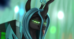 Size: 1101x590 | Tagged: safe, artist:mercurial64, queen chrysalis, changeling, changeling queen, g4, :p, christmas presents, crown, cute, cutealis, female, forked tongue, jewelry, lidded eyes, present, regalia, silly, smiling, solo, tongue out