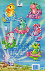 Size: 711x1119 | Tagged: safe, photographer:breyer600, beachcomber (g1), ripple (g1), sea shimmer, sun shower, surf rider, water lily (g1), alligator, crocodile, fish, frog, sea pony, turtle, g1, official, adorashower, baby sea ponies, backcard, blushing, crepuscular rays, cute, cutie lily, cutie shimmer, everypony laughs ending, female, filly, forgotten birthday, g1 comberbetes, hair ribbon, inner tube, oyster, pearl, pretty and pearly baby sea ponies, ribbon, ripplebetes, story, surfabetes, underwater