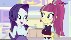 Size: 1280x727 | Tagged: safe, edit, edited screencap, editor:mlp-gft, screencap, rarity, sour sweet, equestria girls, equestria girls specials, g4, my little pony equestria girls: dance magic, big breasts, bowtie, bracelet, breast edit, breasts, busty rarity, busty sour sweet, cute, duo, duo female, female, freckles, jewelry, ponytail, raribetes, shrug, sourbetes