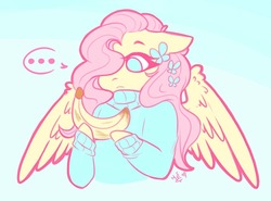 Size: 1280x945 | Tagged: safe, artist:salty-irish-potato, fluttershy, pegasus, pony, g4, banana, clothes, confused, female, floppy ears, food, solo, sweater, sweatershy