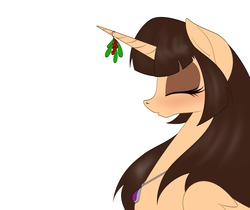 Size: 2500x2100 | Tagged: safe, artist:miniferu, oc, oc:spring beauty, alicorn, pony, christmas, collaboration, eyes closed, female, high res, holiday, holly, holly mistaken for mistletoe, imminent kissing, kissing, simple background, white background