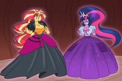 Size: 1280x853 | Tagged: safe, artist:toughset, sci-twi, sunset shimmer, twilight sparkle, alicorn, anthro, equestria girls, g4, alicornified, big breasts, breasts, clothes, dress, female, flowing mane, gown, human to anthro, implied transformation, magic, race swap