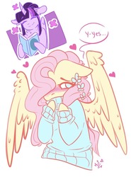 Size: 702x950 | Tagged: safe, artist:salty-irish-potato, fluttershy, twilight sparkle, alicorn, butterfly, pegasus, pony, g4, blushing, book, clothes, cute, dialogue, eyes closed, female, floppy ears, heart, looking away, mare, signature, smiling, sweater, twilight sparkle (alicorn)