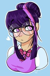 Size: 634x961 | Tagged: safe, artist:salty-irish-potato, twilight sparkle, human, g4, blue background, bow, bowtie, colored pupils, female, glasses, heart, humanized, looking away, round glasses, simple background, solo, white outline