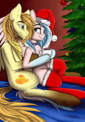 Size: 2800x4000 | Tagged: safe, artist:athenawhite, oc, oc only, oc:aurryhollows, oc:foxyhollows, pegasus, pony, chocolate, choker, christmas, christmas stocking, christmas tree, clothes, collar, cuddling, cute, digital art, duo, female, folded wings, food, foxrry, hat, high res, holiday, hot chocolate, looking at each other, male, mare, oc x oc, santa hat, scarf, shipping, signature, sitting, smiling, socks, stallion, stockings, straight, thigh highs, tree, wings, ych result