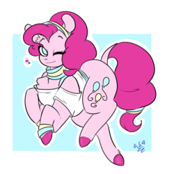 Size: 1280x1280 | Tagged: safe, artist:salty-irish-potato, pinkie pie, earth pony, pony, g4, chest fluff, clothes, female, looking at you, mare, one eye closed, shirt, signature, solo, wink, wristband