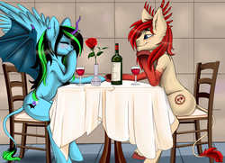 Size: 4000x2900 | Tagged: safe, artist:athenawhite, oc, oc only, alicorn, pony, alcohol, alicorn oc, beer, chair, date, digital art, ear fluff, ear piercing, eyes closed, female, flower, glass, high res, leonine tail, male, mare, oc x oc, piercing, rose, shipping, sitting, smiling, stallion, straight, table, vase, wine, wine glass, ych result
