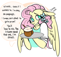 Size: 1280x1188 | Tagged: safe, artist:salty-irish-potato, fluttershy, butterfly, pegasus, anthro, g4, clothes, cup, cute, dialogue, female, food, looking away, shirt, shyabetes, smiling, solo