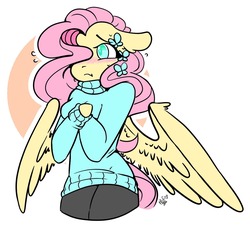 Size: 1280x1184 | Tagged: safe, artist:salty-irish-potato, fluttershy, butterfly, pegasus, anthro, g4, blushing, clothes, colored pupils, cute, female, floppy ears, pants, shyabetes, signature, solo, sweater, sweatershy