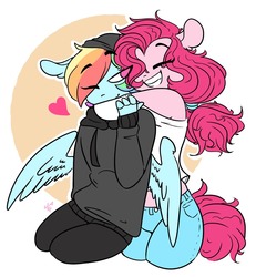 Size: 1183x1280 | Tagged: safe, artist:salty-irish-potato, pinkie pie, rainbow dash, earth pony, pegasus, anthro, g4, abstract background, clothes, eyes closed, female, floppy ears, hat, heart, hug, lesbian, one eye closed, pants, ship:pinkiedash, shipping, shirt, smiling, sweater