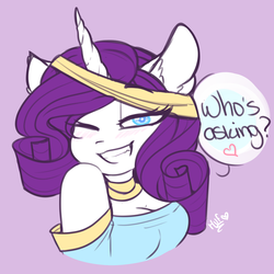 Size: 1280x1280 | Tagged: safe, artist:salty-irish-potato, rarity, unicorn, anthro, g4, blushing, clothes, dialogue, female, looking at you, one eye closed, purple background, signature, simple background, smiling, solo, wink