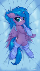 Size: 1280x2275 | Tagged: safe, artist:danli69, artist:twiren, princess luna, alicorn, pony, g4, bed, body pillow, body pillow design, clothes, collaboration, female, filly, looking at you, s1 luna, socks, solo, striped socks, thigh highs, woona, younger