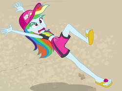 Size: 850x640 | Tagged: safe, screencap, rainbow dash, equestria girls, equestria girls series, forgotten friendship, g4, belly button, clothes, feet, flip-flops, geode of super speed, legs, magical geodes, sandals, shorts, swimsuit, toes, tripping