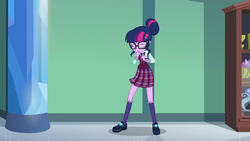 Size: 1920x1080 | Tagged: safe, screencap, sci-twi, twilight sparkle, equestria girls, g4, my little pony equestria girls: friendship games, clothes, crystal prep academy uniform, eyes closed, female, glasses, hair bun, legs, pleated skirt, school uniform, shoes, skirt, socks, what more is out there