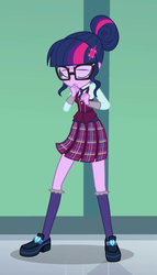 Size: 568x994 | Tagged: safe, screencap, sci-twi, twilight sparkle, equestria girls, g4, my little pony equestria girls: friendship games, clothes, cropped, crystal prep academy uniform, eyes closed, female, glasses, hair bun, legs, pleated skirt, school uniform, shoes, skirt, socks, solo, what more is out there